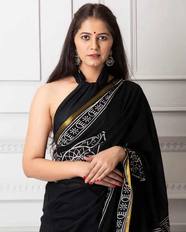 Indigo_Cotton_Stripes_Hblock_Printed_Mulmul_Saree_For_Women